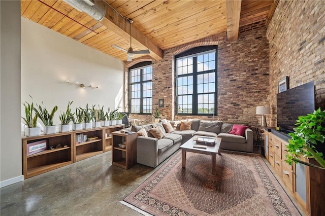 living room with beamed ceiling, brick wall, a towering ceiling, and wood ceiling