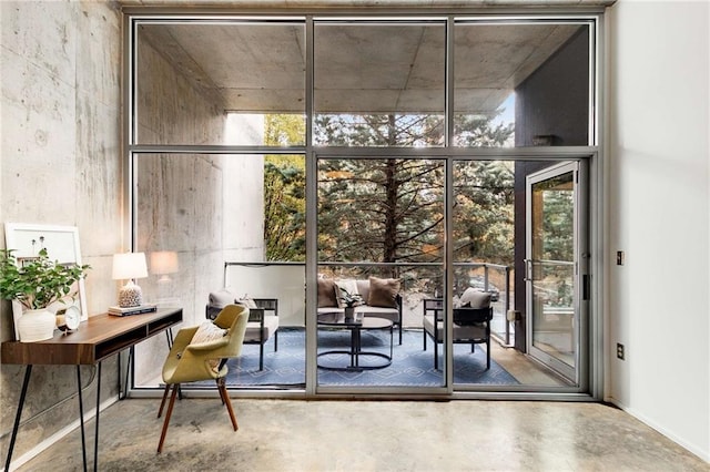 interior space with finished concrete floors and expansive windows