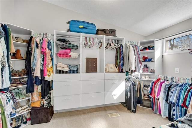 spacious closet featuring light carpet and vaulted ceiling