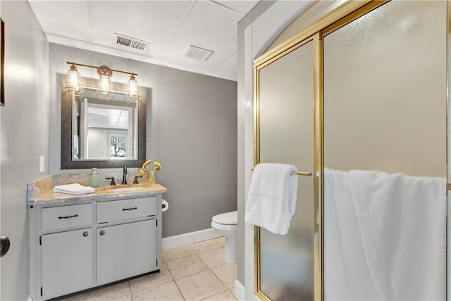 full bathroom with tile patterned floors, visible vents, and a shower stall