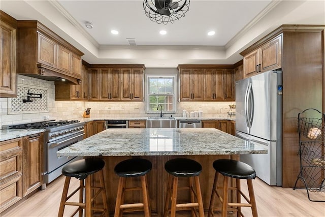 kitchen with appliances with stainless steel finishes, light wood-type flooring, a center island, a tray ceiling, and a kitchen bar