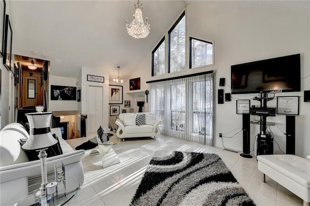 living room featuring a chandelier, light tile patterned floors, and high vaulted ceiling