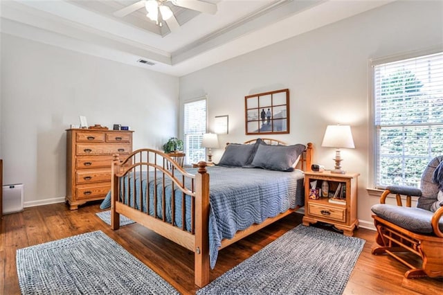 bedroom with multiple windows, hardwood / wood-style flooring, and a raised ceiling