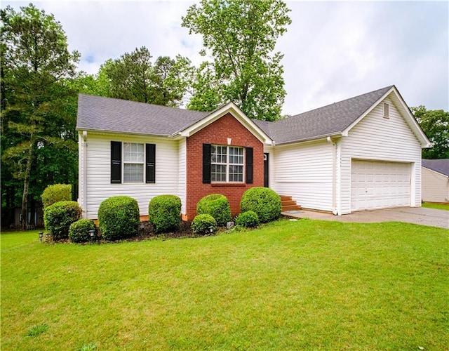 1444 Elliotts Ln, Auburn, GA 30011 - view of front facade featuring driveway, a garage, a front lawn, roof with shingles, and brick siding
