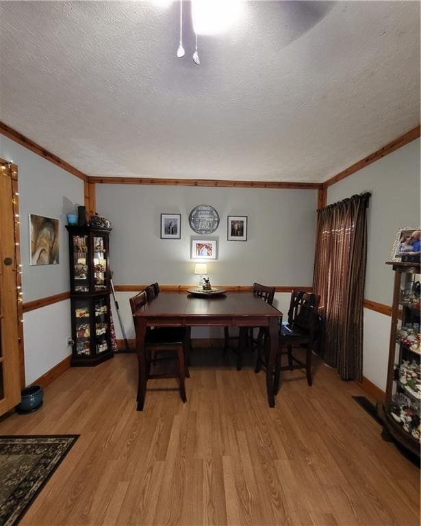 dining room with ornamental molding, light hardwood / wood-style floors, and a textured ceiling