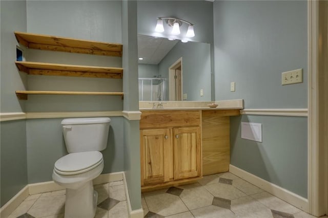 116 Woolsey Creek Trl, Fayetteville, GA 30215 - bathroom featuring tile patterned floors, a shower stall, toilet, vanity, and baseboards