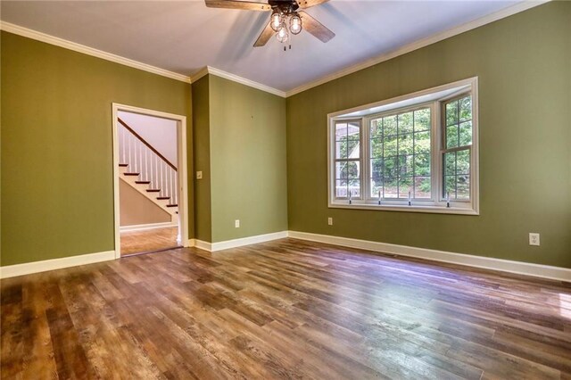 116 Woolsey Creek Trl, Fayetteville, GA 30215 - unfurnished room with a ceiling fan, wood finished floors, stairway, ornamental molding, and baseboards