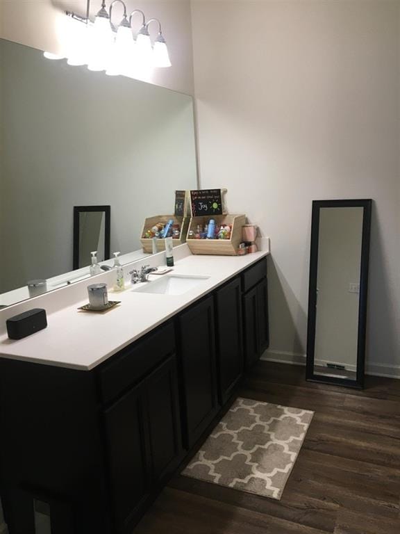 bathroom featuring vanity with extensive cabinet space and hardwood / wood-style floors