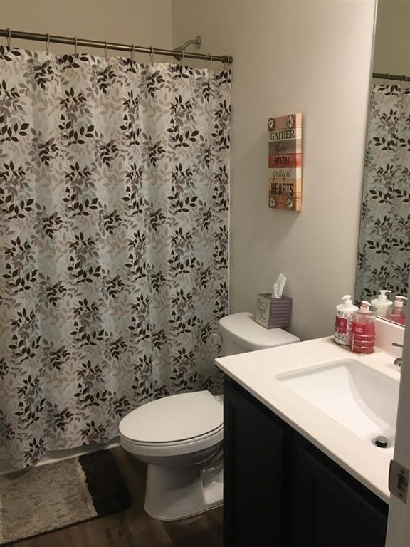 bathroom featuring wood-type flooring, vanity, and toilet