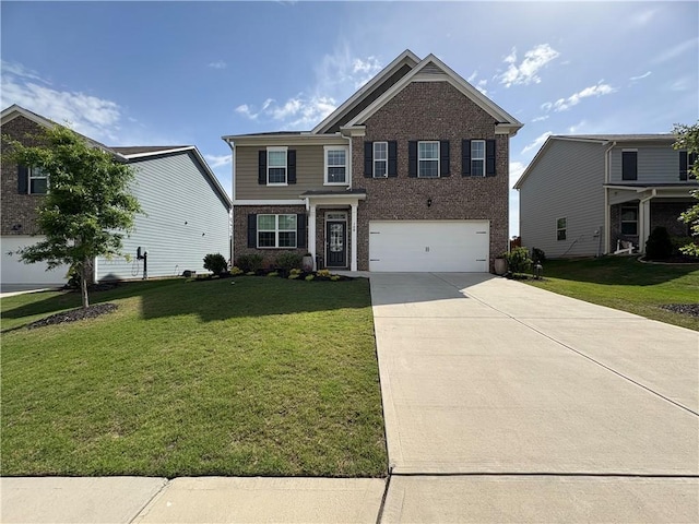 108 Wildflower Trce, Dallas, GA 30132 - view of front facade featuring brick siding, concrete driveway, a front yard, and an attached garage