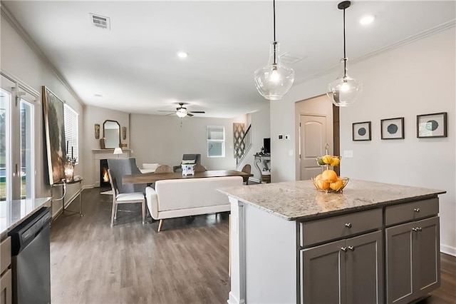 108 Wildflower Trce, Dallas, GA 30132 - kitchen featuring dark wood-style floors, dishwasher, a ceiling fan, light stone countertops, and baseboards
