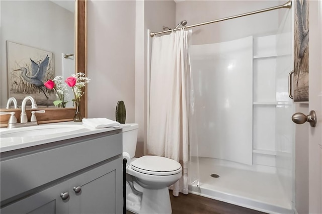 108 Wildflower Trce, Dallas, GA 30132 - bathroom featuring a stall shower, vanity, wood finished floors, and toilet