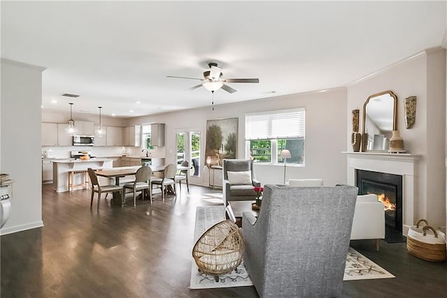 108 Wildflower Trce, Dallas, GA 30132 - living area with a ceiling fan, a glass covered fireplace, recessed lighting, dark wood-type flooring, and crown molding