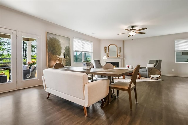 108 Wildflower Trce, Dallas, GA 30132 - dining room with a fireplace, dark wood finished floors, ceiling fan, and baseboards