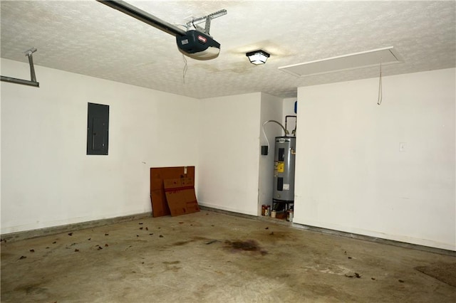 garage with a garage door opener, electric panel, and electric water heater