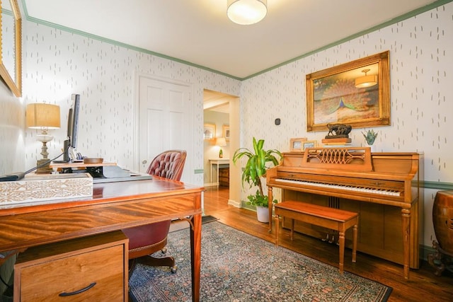 2195 Edison Ave NE, Atlanta, GA 30305 - office area with crown molding, wallpapered walls, and wood finished floors
