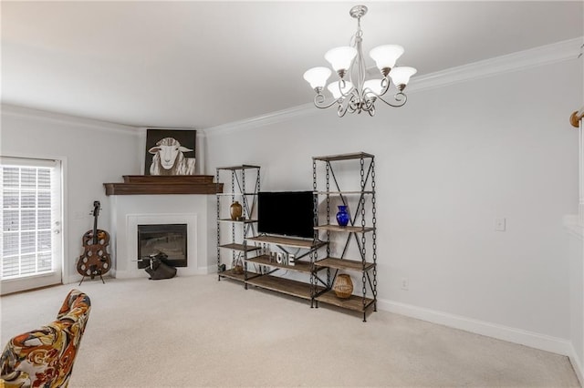 living area featuring a glass covered fireplace, carpet, and ornamental molding