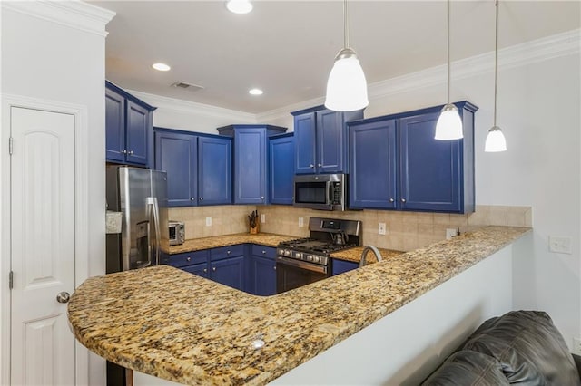 kitchen featuring a peninsula, blue cabinets, visible vents, and appliances with stainless steel finishes