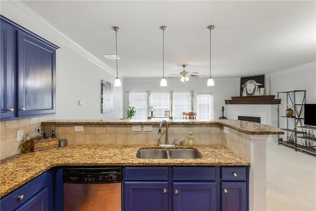 kitchen featuring ornamental molding, dishwasher, blue cabinets, and a sink