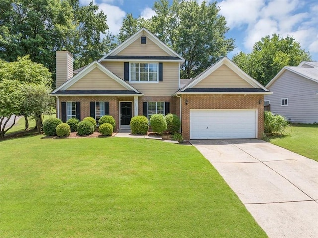 10535 Willow Meadow Cir, Alpharetta, GA 30022 - traditional-style house featuring a garage, brick siding, a front yard, driveway, and a chimney