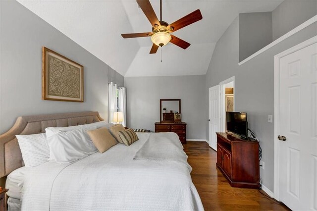 10535 Willow Meadow Cir, Alpharetta, GA 30022 - bedroom featuring wood finished floors, high vaulted ceiling, and a ceiling fan
