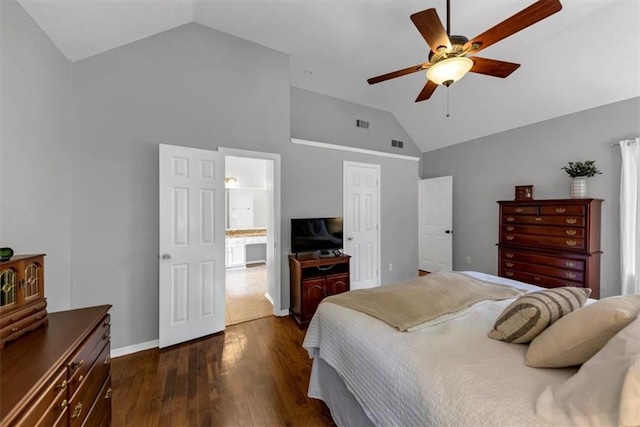 10535 Willow Meadow Cir, Alpharetta, GA 30022 - bedroom with dark wood-style flooring, high vaulted ceiling, and a ceiling fan