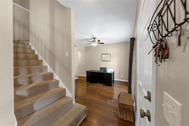 10535 Willow Meadow Cir, Alpharetta, GA 30022 - foyer with stairway, a ceiling fan, and wood finished floors