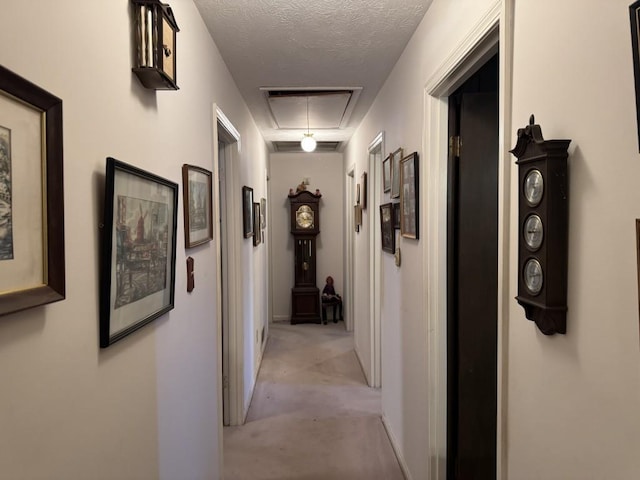 hall with light colored carpet and a textured ceiling