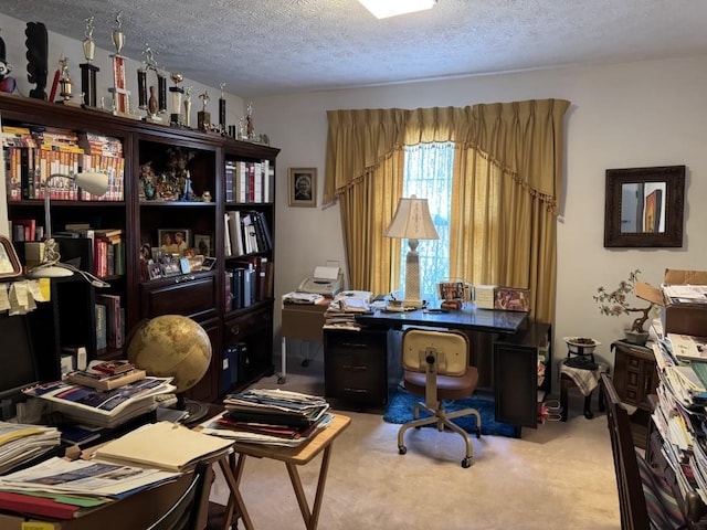 office featuring light colored carpet and a textured ceiling