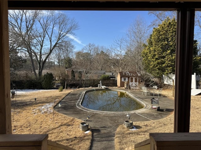 view of swimming pool with a patio, a diving board, and a storage unit