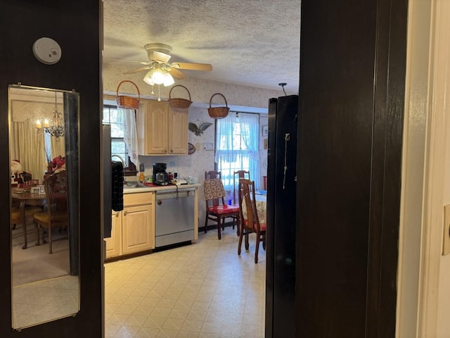 kitchen featuring dishwasher, plenty of natural light, ceiling fan with notable chandelier, and a textured ceiling