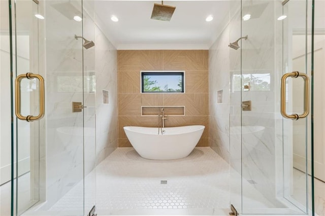 2797 Benson Dr, Marietta, GA 30062 - full bathroom featuring tile walls, a marble finish shower, a freestanding tub, and recessed lighting