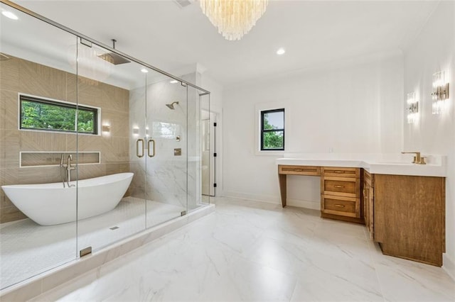 2797 Benson Dr, Marietta, GA 30062 - full bath featuring healthy amount of natural light, a marble finish shower, a freestanding tub, vanity, and recessed lighting