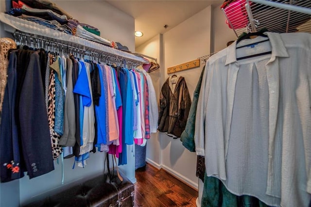 walk in closet with dark wood-style flooring