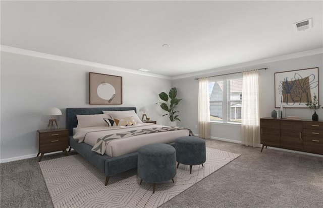 bedroom featuring light colored carpet and crown molding