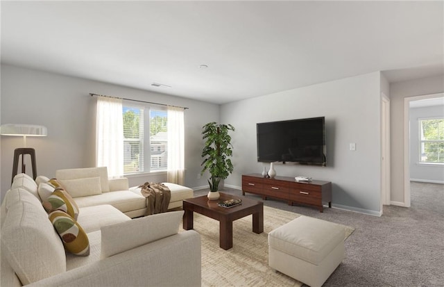 living room featuring light carpet