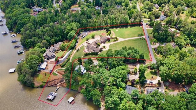 bird's eye view with a water view