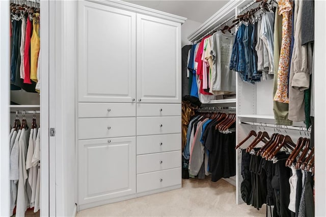 spacious closet featuring light colored carpet