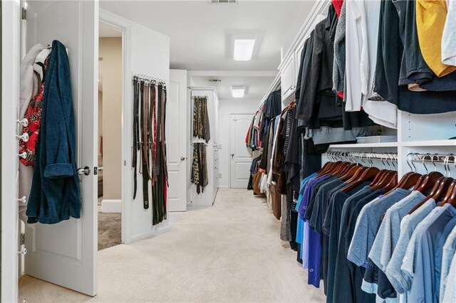 spacious closet featuring light colored carpet