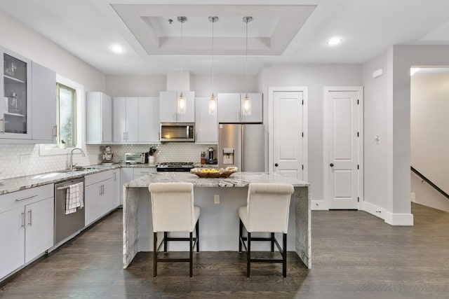 kitchen featuring pendant lighting, a center island, white cabinets, a raised ceiling, and stainless steel appliances