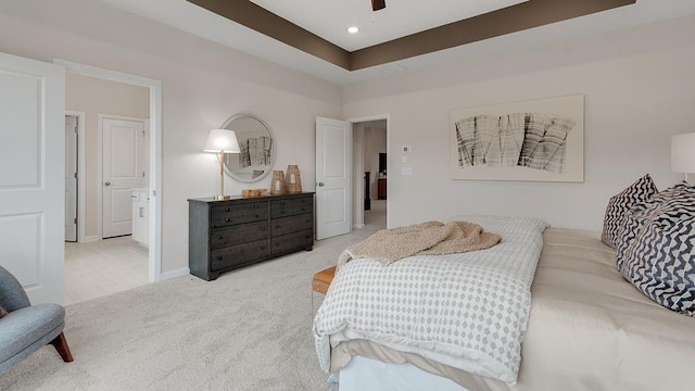 carpeted bedroom with baseboards, recessed lighting, and ceiling fan