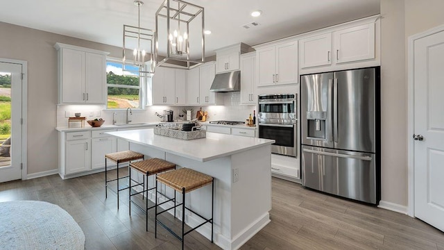 kitchen featuring a sink, stainless steel appliances, light wood-style flooring, and under cabinet range hood