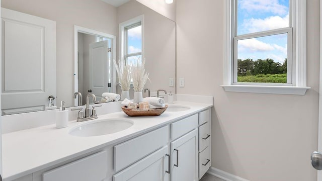 bathroom featuring baseboards, double vanity, and a sink