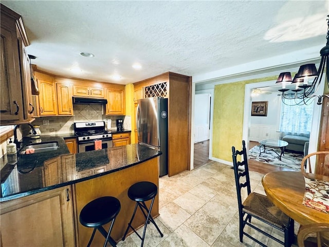 2606 Ramblewood Ct, Acworth, GA 30102 - kitchen with sink, stainless steel appliances, tasteful backsplash, a textured ceiling, and kitchen peninsula