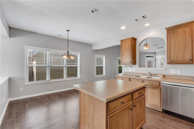 903 Duncan Ter, Canton, GA 30115 - kitchen featuring dishwasher, dark wood-style floors, ceiling fan, light countertops, and pendant lighting