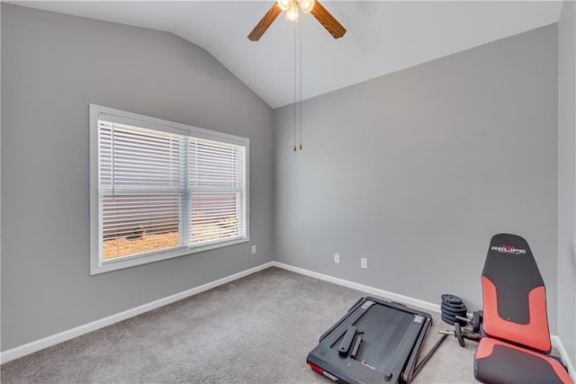 903 Duncan Ter, Canton, GA 30115 - exercise area with lofted ceiling, a ceiling fan, and carpet flooring