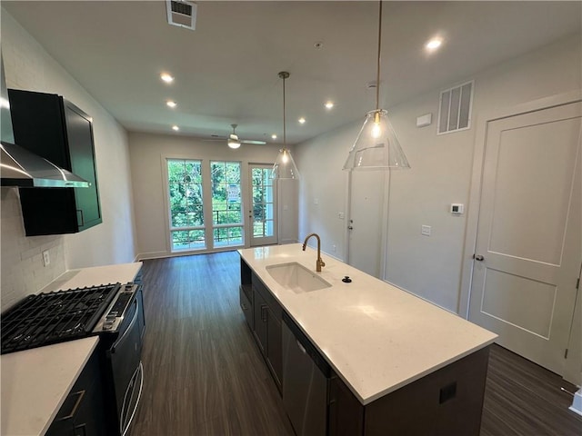 962 Bibbs Cir NW Unit 6, Atlanta, GA 30318 - kitchen featuring a sink, black range with gas stovetop, dark wood-style flooring, recessed lighting, and light countertops