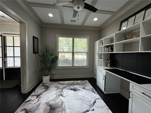 2657 Gray Mill Way, Loganville, GA 30052 - office area featuring coffered ceiling, a ceiling fan, baseboards, built in study area, and dark wood-style floors