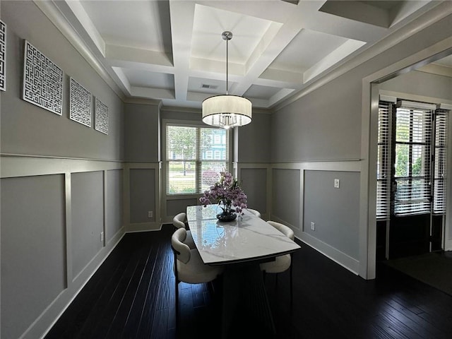 2657 Gray Mill Way, Loganville, GA 30052 - dining room with a decorative wall, coffered ceiling, dark wood-style floors, beamed ceiling, and wainscoting