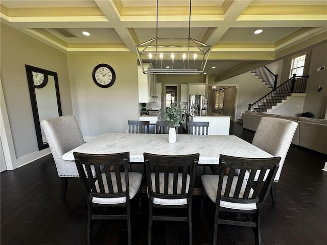 2657 Gray Mill Way, Loganville, GA 30052 - dining room with coffered ceiling, dark wood finished floors, baseboards, recessed lighting, and beam ceiling